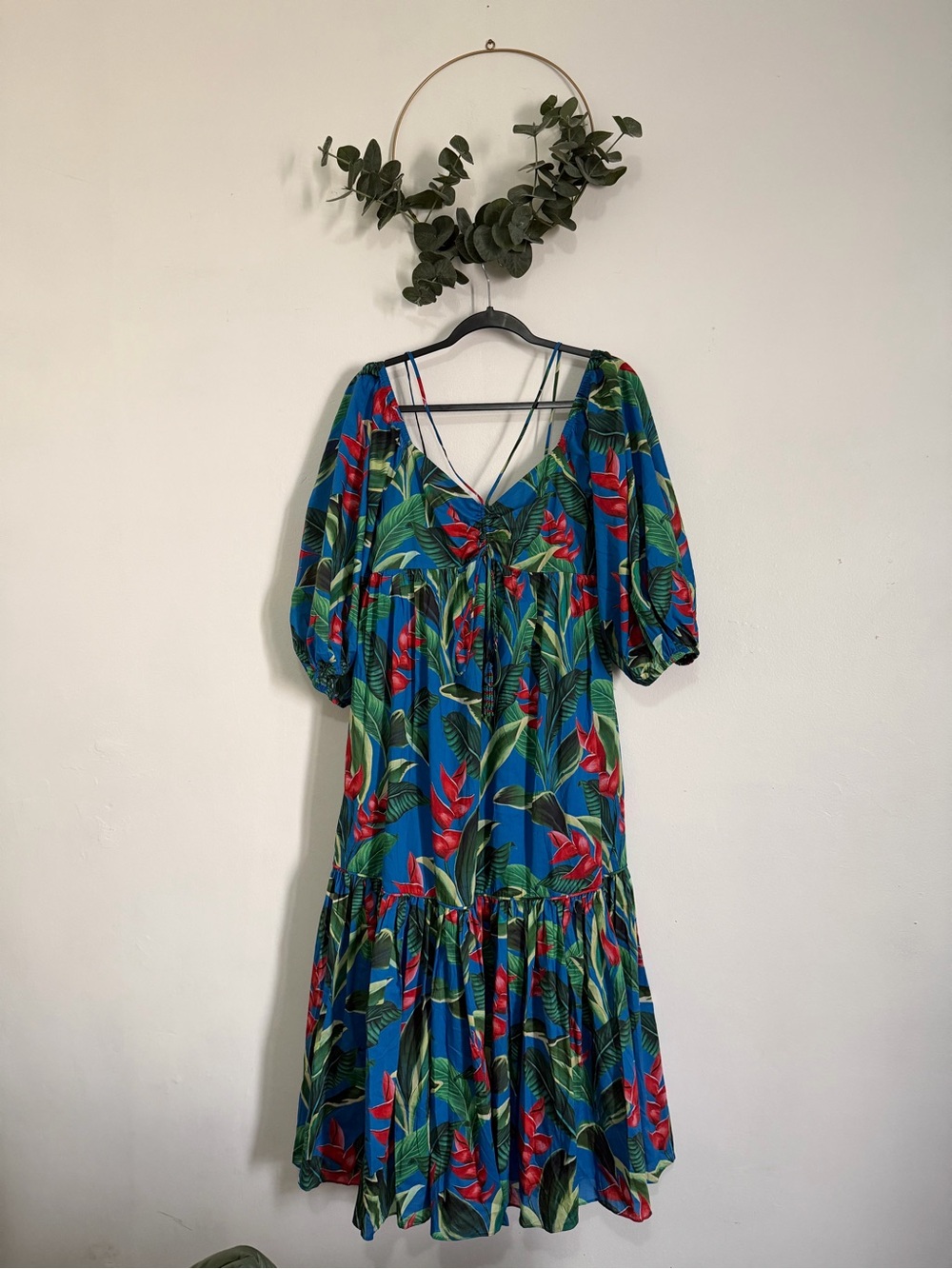 FARM Rio Dream Garden Blue Maxi Dress with Red Floral & Green Leaf Print